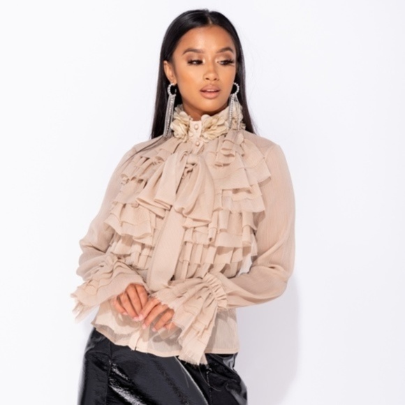 Natalia Nude Ruffle Front Pussy Bow Blouse Top - Picture 2 of 8